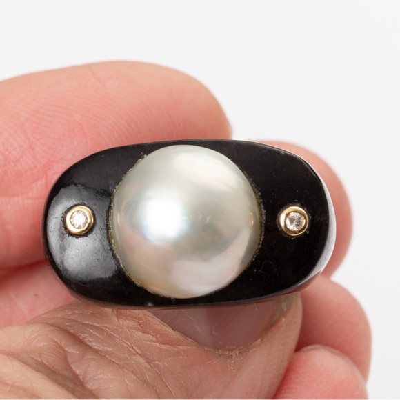 Pearl ring black agate 14K gold diamond accents chunky statement ring luxury 8 - Picture 7 of 16